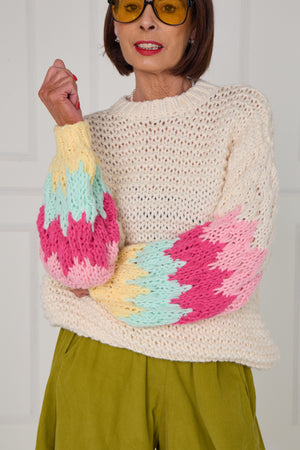 Victoria chunky knitwear in cream and multi colour sleeves - Bond Street Store