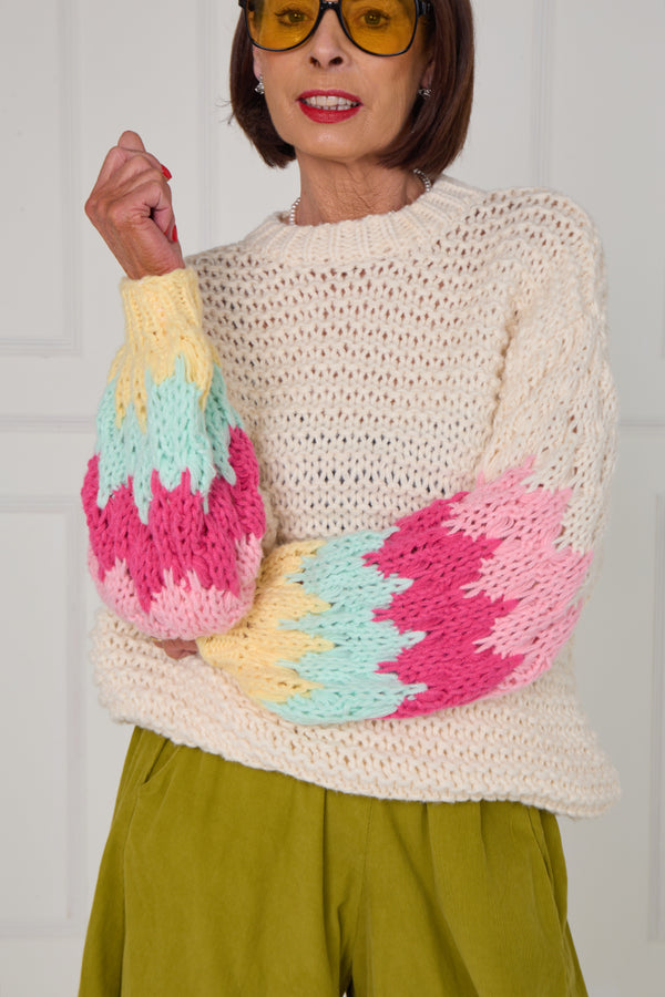 Victoria chunky knitwear in cream and multi colour sleeves - Bond Street Store
