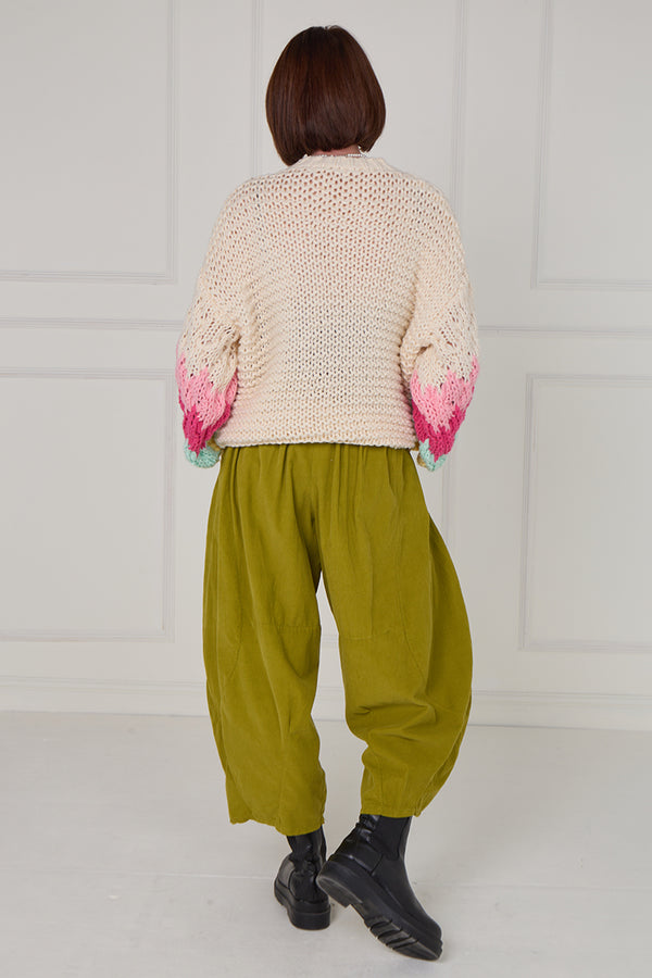 Victoria chunky knitwear in cream and multi colour sleeves - Bond Street Store