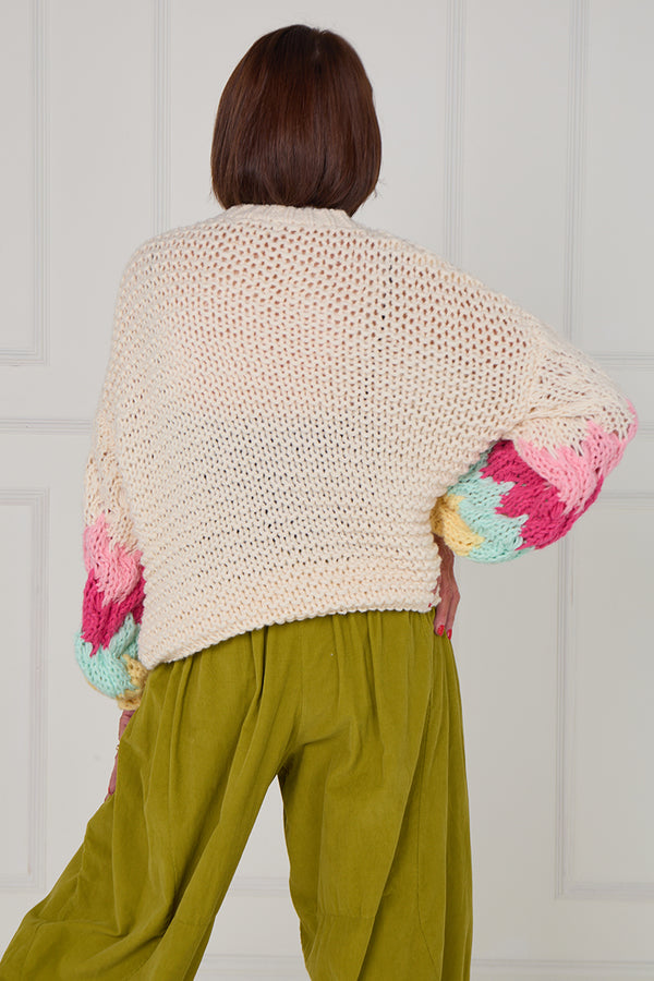Victoria chunky knitwear in cream and multi colour sleeves - Bond Street Store