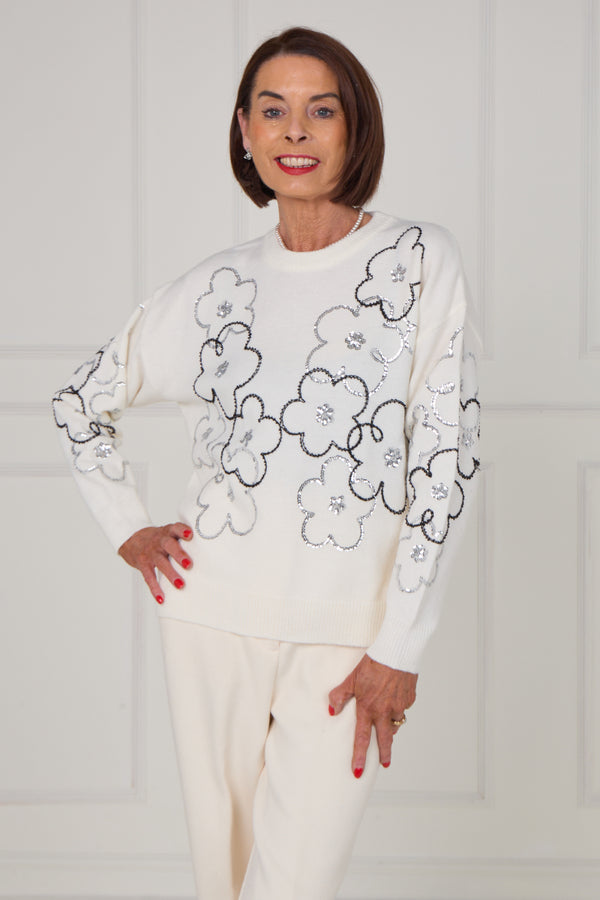 Alice embellished flower knitwear in ecru - Bond Street Store