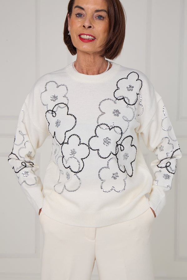 Alice embellished flower knitwear in ecru - Bond Street Store