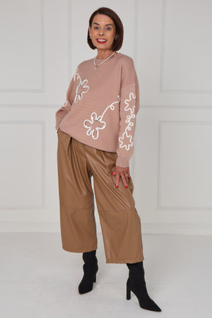 Lucy embroidered swirl flower knitwear in Mocha