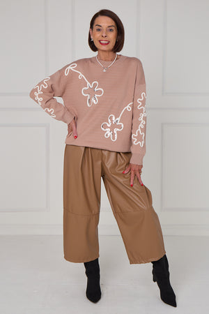 Lucy embroidered swirl flower knitwear in Mocha