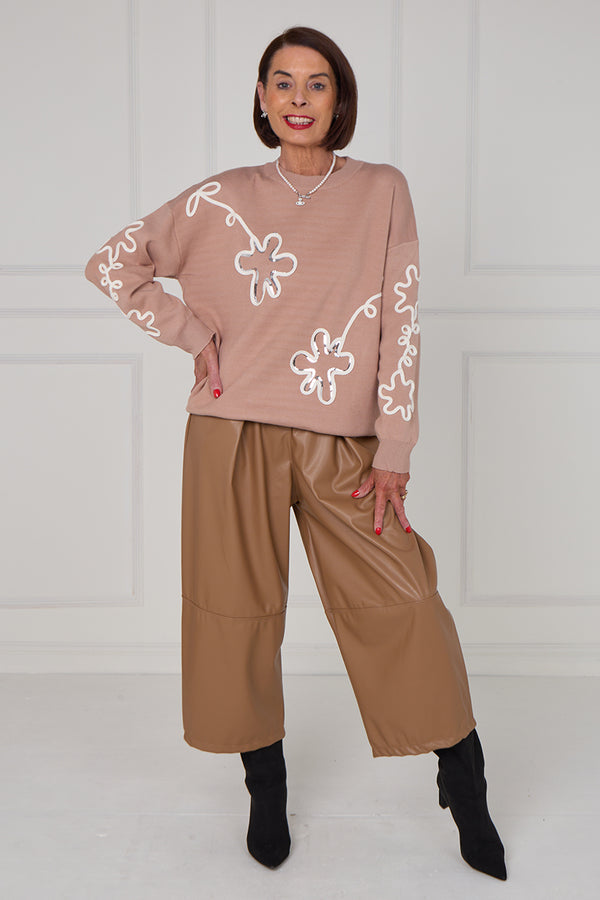 Lucy embroidered swirl flower knitwear in Mocha