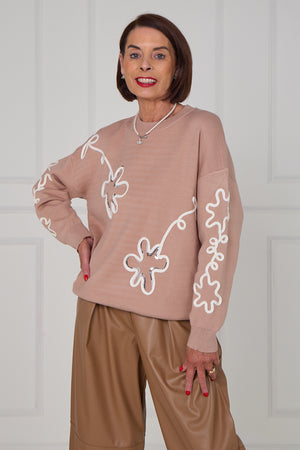 Lucy embroidered swirl flower knitwear in Mocha