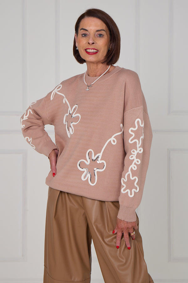 Lucy embroidered swirl flower knitwear in Mocha