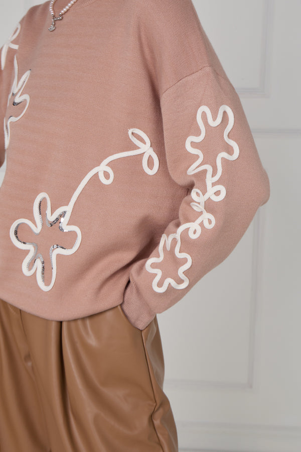 Lucy embroidered swirl flower knitwear in Mocha