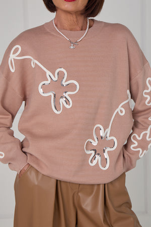 Lucy embroidered swirl flower knitwear in Mocha