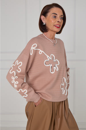 Lucy embroidered swirl flower knitwear in Mocha