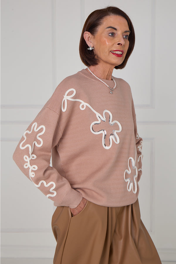 Lucy embroidered swirl flower knitwear in Mocha