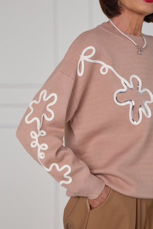 Lucy embroidered swirl flower knitwear in Mocha