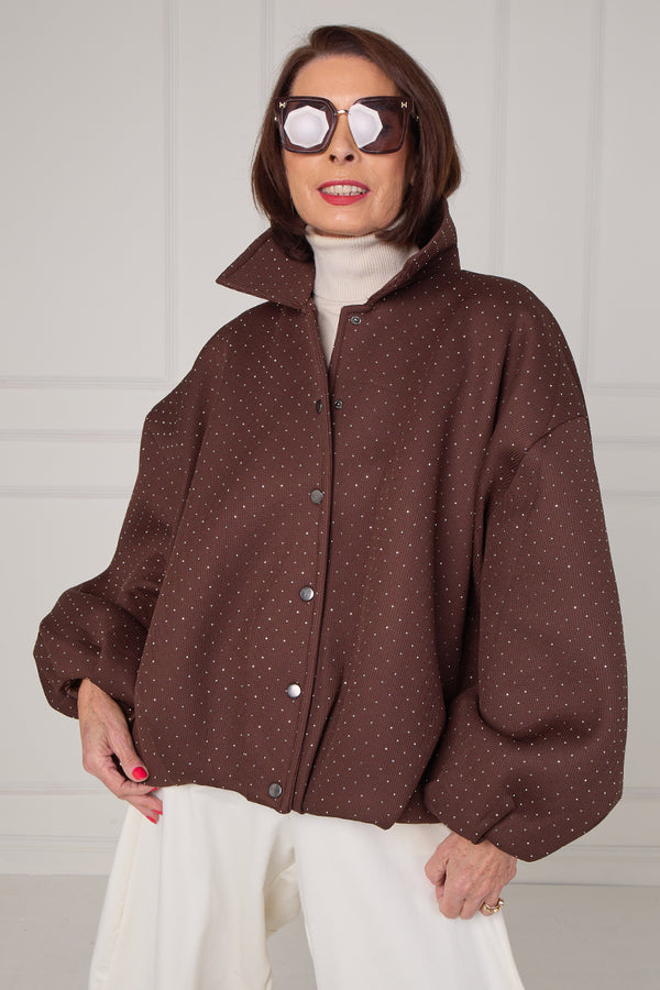 Tina exclusive diamante studded jacket in chocolate