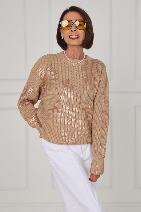 Flora foil knitwear in mocha with copper - Bond Street Store