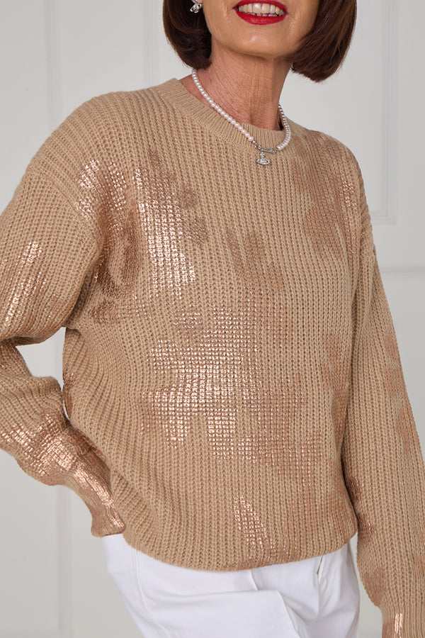 Flora foil knitwear in mocha with copper - Bond Street Store