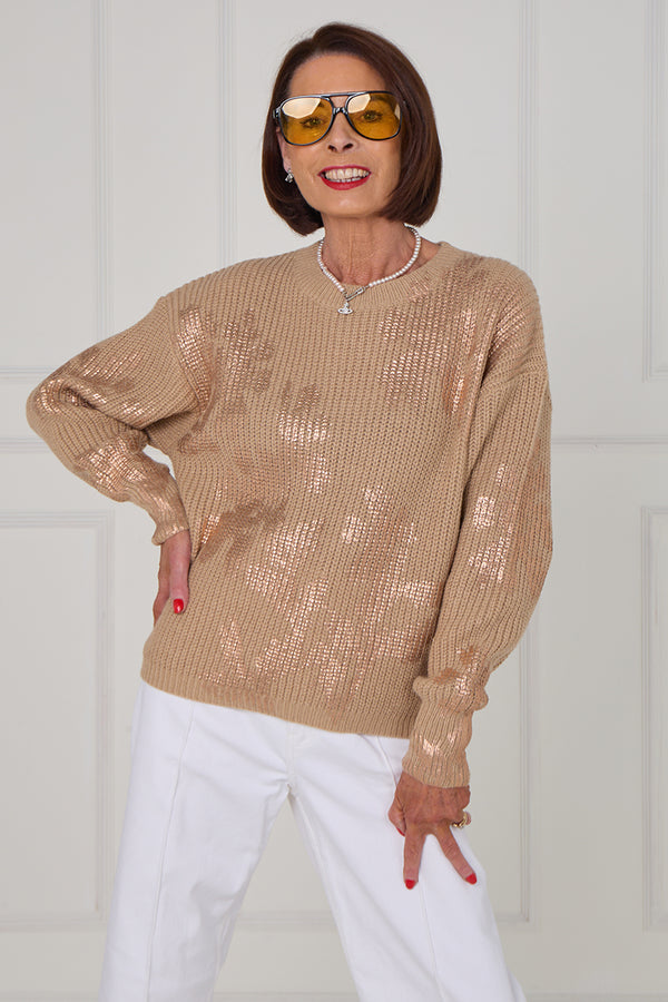 Flora foil knitwear in mocha with copper - Bond Street Store