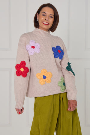 Claire 3d multi colour flower knitwear in mocha - Bond Street Store