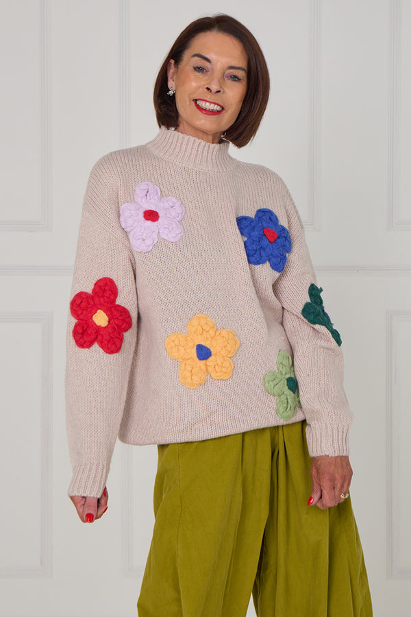Claire 3d multi colour flower knitwear in mocha - Bond Street Store