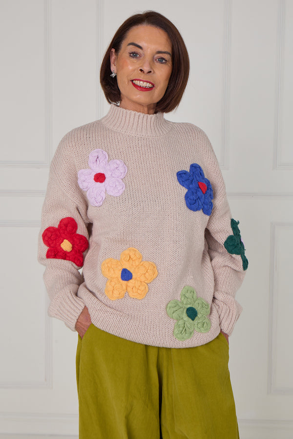 Claire 3d multi colour flower knitwear in mocha - Bond Street Store