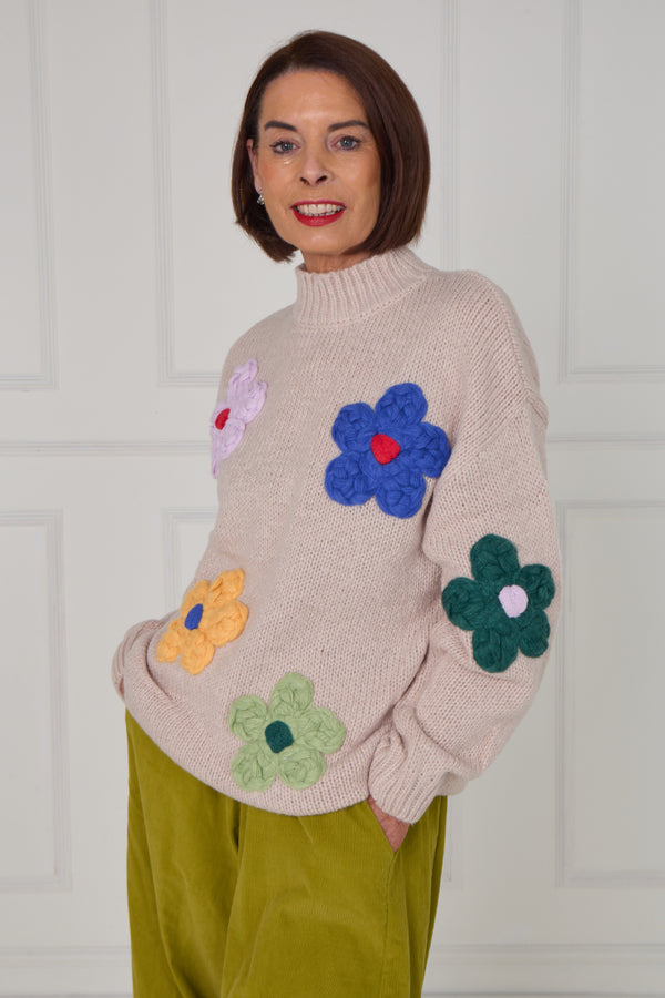 Claire 3d multi colour flower knitwear in mocha - Bond Street Store