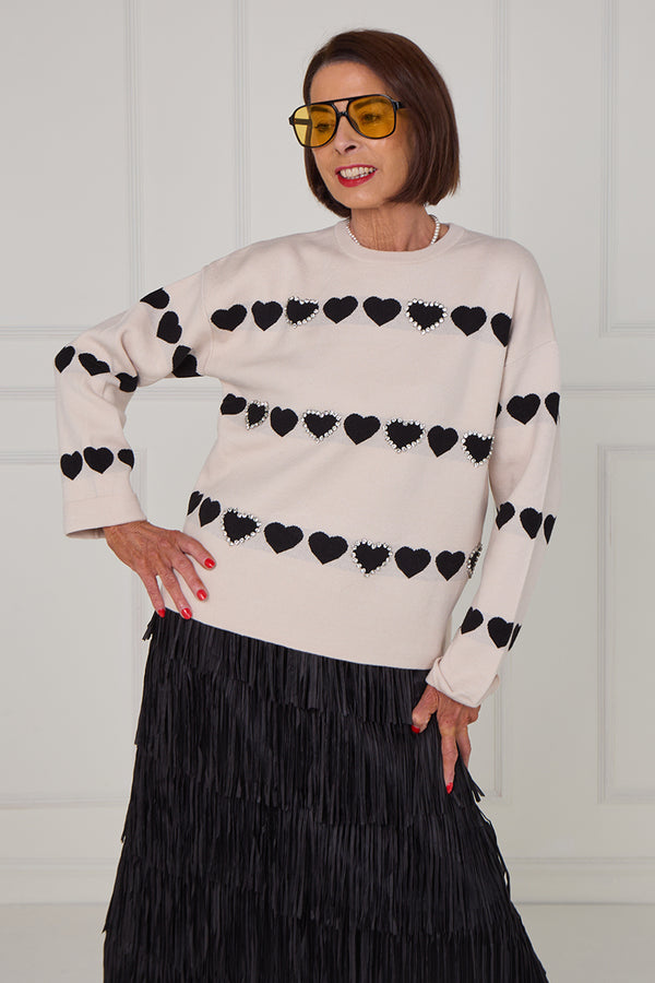 Louise embellished heart knitwear in stone - Bond Street Store
