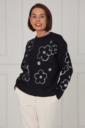 Alice embellished flower knitwear in black