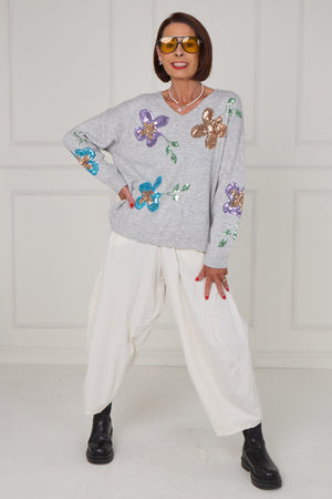 Anna Embellished sequin flower in grey