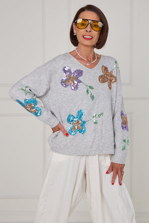 Anna Embellished sequin flower in grey