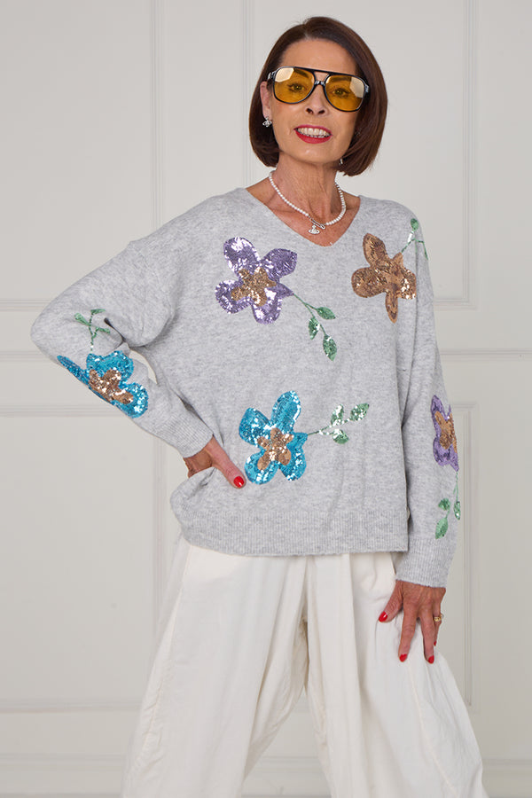 Anna Embellished sequin flower in grey