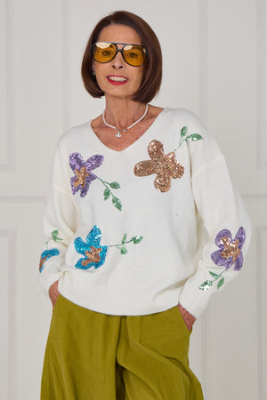 Anna Embellished sequin flower in cream - Bond Street Store