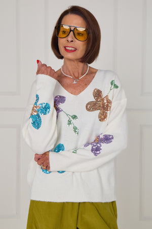 Anna Embellished sequin flower in cream - Bond Street Store