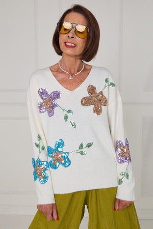 Anna Embellished sequin flower in cream - Bond Street Store