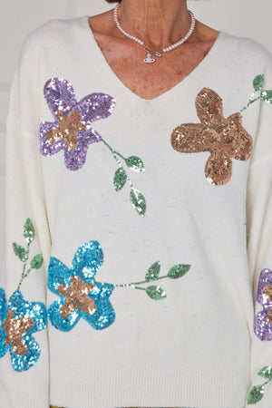 Anna Embellished sequin flower in cream - Bond Street Store