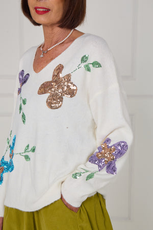 Anna Embellished sequin flower in cream - Bond Street Store