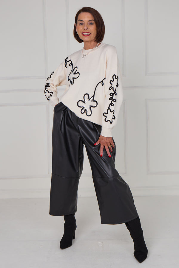 Lucy embroidered swirl flower knitwear in cream - Bond Street Store