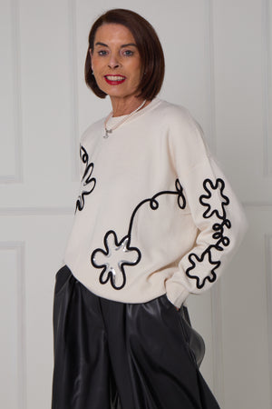 Lucy embroidered swirl flower knitwear in cream - Bond Street Store
