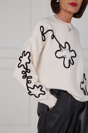 Lucy embroidered swirl flower knitwear in cream - Bond Street Store