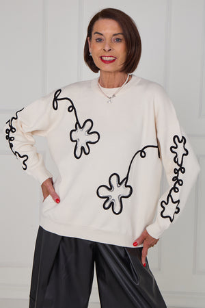 Lucy embroidered swirl flower knitwear in cream - Bond Street Store