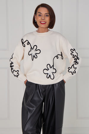 Lucy embroidered swirl flower knitwear in cream - Bond Street Store