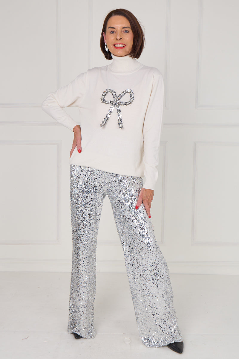 Sequin bow knitwear in ecru