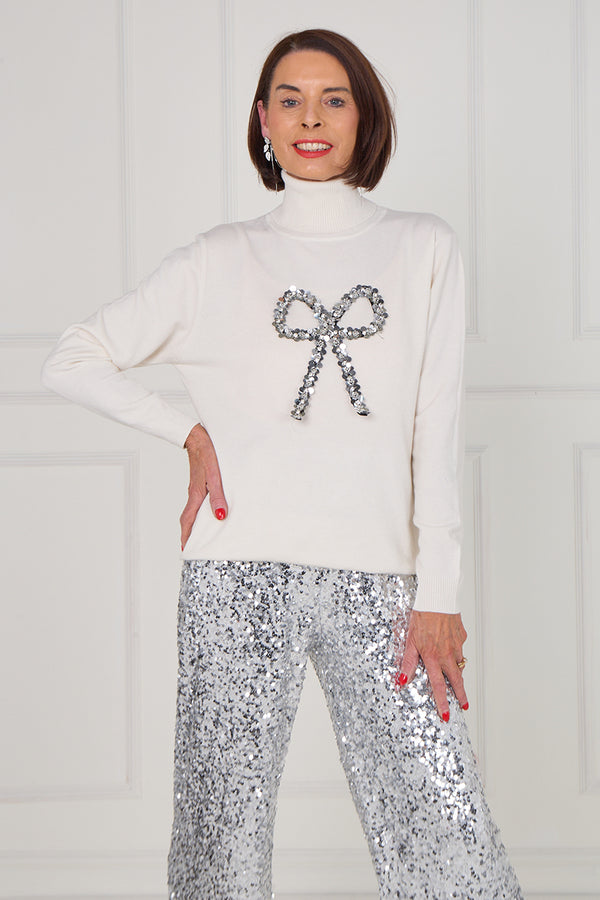 Sequin bow knitwear in ecru