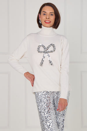 Sequin bow knitwear in ecru