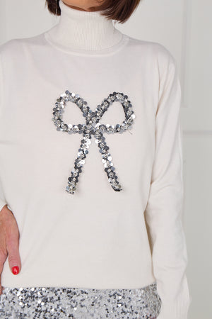 Sequin bow knitwear in ecru