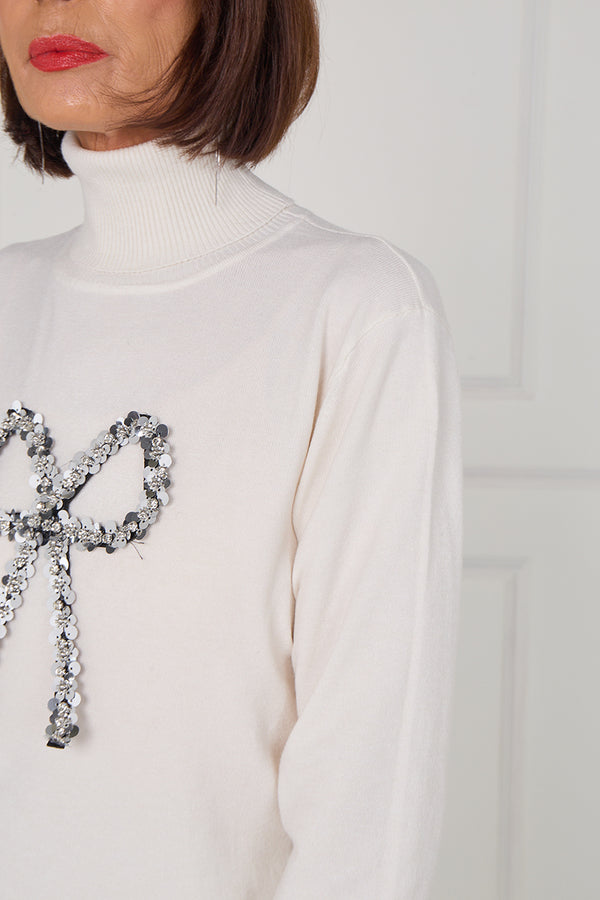 Sequin bow knitwear in ecru