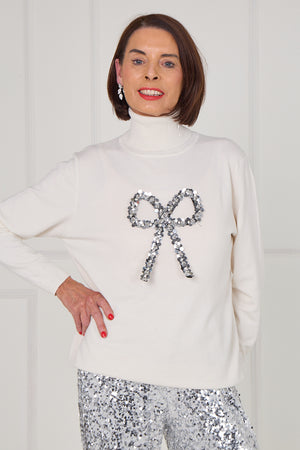 Sequin bow knitwear in ecru