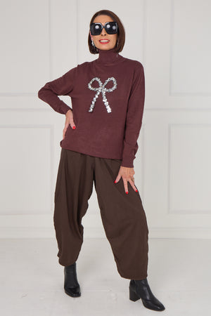 Sequin bow knitwear in chocolate