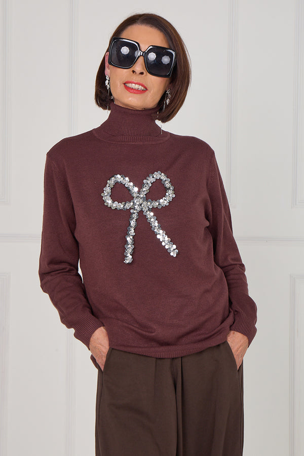 Sequin bow knitwear in chocolate