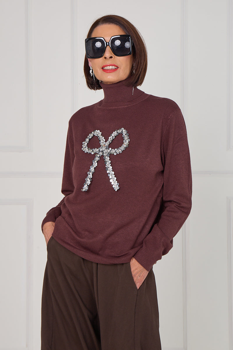 Sequin bow knitwear in chocolate