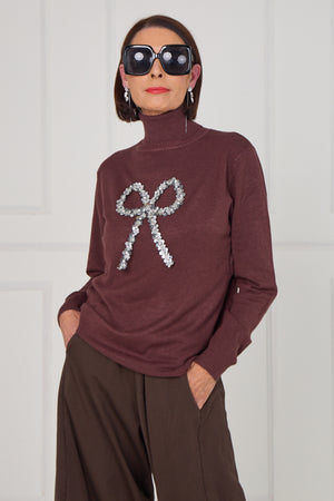 Sequin bow knitwear in chocolate