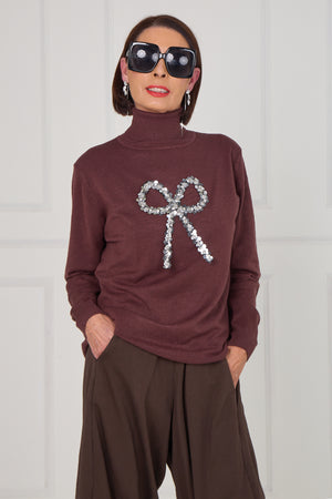 Sequin bow knitwear in chocolate